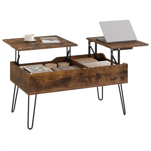 Produktbild: WOLTU Couchtisch höhenverstellbar, Beistelltisch mit doppelter Hebeplatten, Lift-Top-Tisch, Wohnzimmertisch, versteckter Stauraum,Rustikales Braun, Holzwerkstoff Metall,BTS14vbn