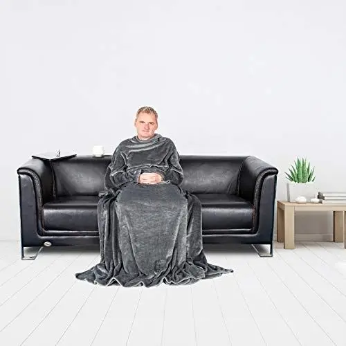 Produktbild: WOLTU Decke mit Ärmeln Füßen, Kuscheldecke Flauschig XL mit Taschen, Oeko-TEX Zertifiziert, warm Wohndecke TV-Decke Fleecedecke Ärmeldecke, Geschenk für Frauen Männer Erwachsene 150x180cm Grau