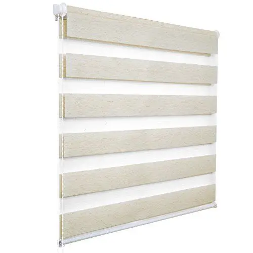 Produktbild: WOLTU Doppelrollo Klemmfix ohne Bohren Holzlook Buche B45 x H150 cm, Duo Rollo lichtdurchlässig Fensterrollo für innen verdunkelnd, Zebrarollo mit Kettenzug - Seitenzugrollo für Fenster und Tür