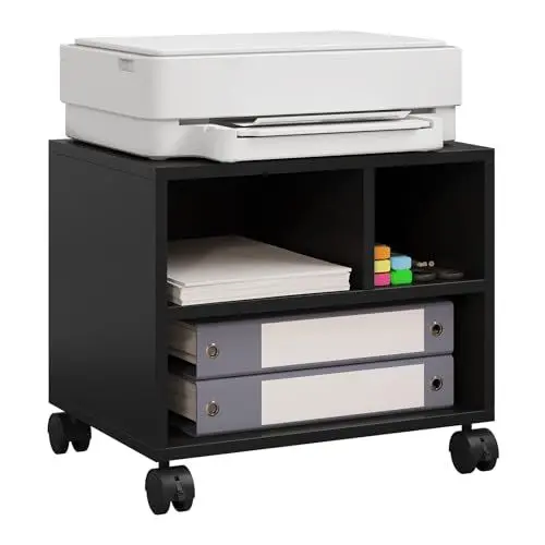 Produktbild: WOLTU Druckertisch mit Rädern, mobiler Druckerständer, Druckerhalter, Druckerwagen auf Rollen, Bürocontainer rollbar, Aktenwagen, mit 3 Fächern, für Büro Arbeitszimmer, 40x35x30 cm, schwarz, ASK06sz