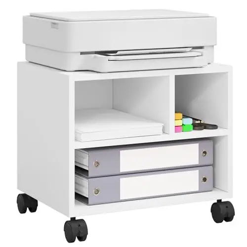 Produktbild: WOLTU Druckertisch mit Rädern, mobiler Druckerständer, Druckerhalter, Druckerwagen auf Rollen, Bürocontainer rollbar, Aktenwagen, mit 3 Fächern, für Büro Arbeitszimmer, 40x35x30 cm, weiß, ASK06ws