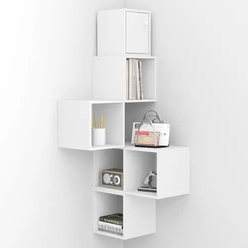 Produktbild: WOLTU Eckregal hängend, Wandregal weiß, Regal Wand mit 6 Ablagefächern, schwebendes Bücherregal, Hängeregal Würfelregal, Schweberegal mit Tür, modern, für Wohnzimmer, aus Holzwerkstoff