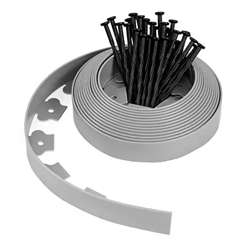 Produktbild: WOLTU Flexible Rasenkante Kunststoff mit 30 Erdanker, Garten Beeteinfassung Länge 10 m, Höhe 5 cm, Beetbegrenzung Beetumrandung Palisade Mähkante, Grau