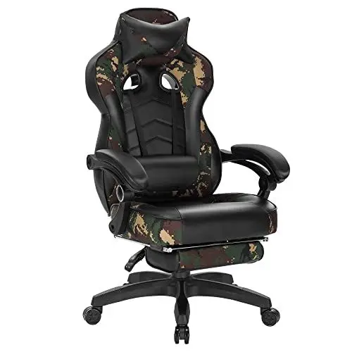 Produktbild: WOLTU Gaming Stuhl, PU Leder Bürostuhl Gaming Chair Ergonomisch mit Lendenkissen, Gamer Stuhl Racing PC-Stuhl Drehstuhl mit Fußstütze & Große Rückenlehne & Sitzfläche für große Personen Camouflage