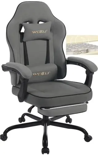 Produktbild: WOLTU Gaming Stuhl Stoff mit Bequemlichkeit Federunterlage, Kühl im Sommer, Gamer Chair Sessel Hohe Belastbarkeit ergonomischer mit Kopfkissen, Lendenkissen, Fußstütze, Tech-Stoff, Grau, GS10gr