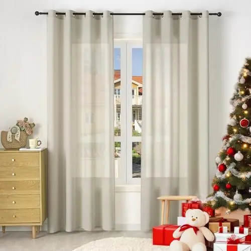 Produktbild: WOLTU Gardinen mit Ösen Leinenoptik Vorhang Sand Halbtransparent Voile Leinenvorhänge 2er Set H 225 x B 135 cm Stores Fenstergardinen Ösenschal Modern für Wohnzimmer Schlafzimmer