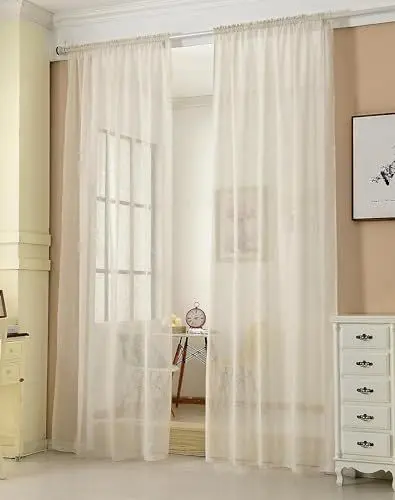 Produktbild: WOLTU Gardinen transparent mit Kräuselband 2er Set Vorhänge Leinenoptik Halbtransparent Voile Leinenvorhang Stores Fensterschal Dekoschal für Wohnzimmer Kinderzimmer Schlafzimmer, 140x145cm Creme