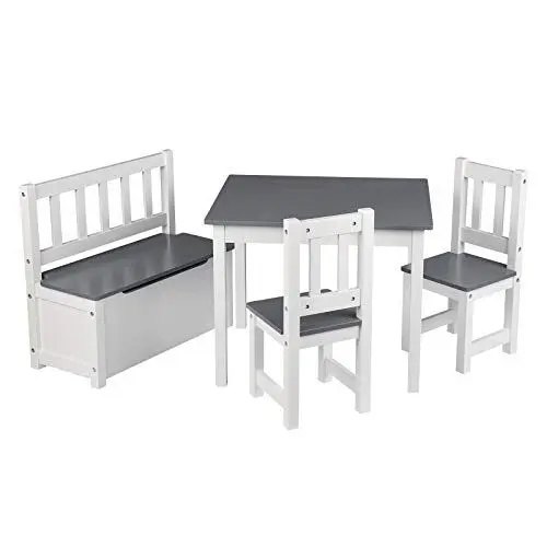 Produktbild: WOLTU Kindertisch mit 2 x Stühle und 1 x Kindertruhenbank, 4tlg. Kindersitzgruppe für Kinder, Multifunktionale Aufbewahrung, Vorschüler Kindermöbel, Kindersitzgruppe aus MDF, Weiß+Grau