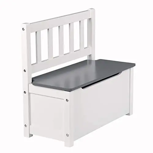 Produktbild: WOLTU Kinderbank mit Stauraum, Kindersitzbank mit Rückenlehne, Kindertruhenbank, Spielzeugtruhe mit Deckel Klappdämpfer, 58 x 53 x 27,5 cm, passend zu Sitzgruppe, Weiß+Grau