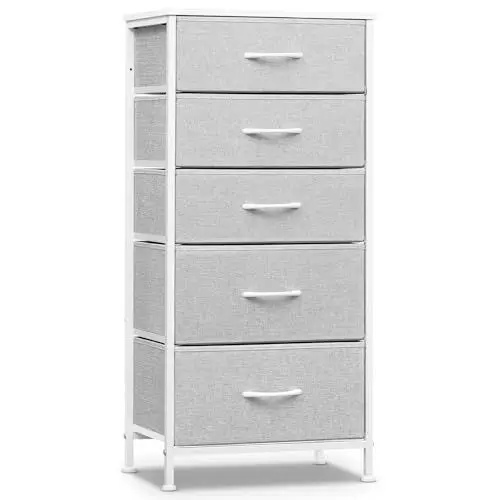 Produktbild: WOLTU Kommode mit 5 Schubladen aus Stoff, Kommodenschrank Sideboard Schubladenschrank, für Schlafzimmer Wohnzimmer Flur, aus Metallrahmen Holzwerkstoff, Taubengrau-wolkenweiß