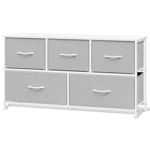 Produktbild: WOLTU Kommode mit 5 Schubladen aus Stoff, Kommodenschrank Sideboard TV-Schrank, für Wohnzimmer Schlafzimmer Flur, aus Metallrahmen Holzwerkstoff, Hellgrau+Weiß, SSK005hgws