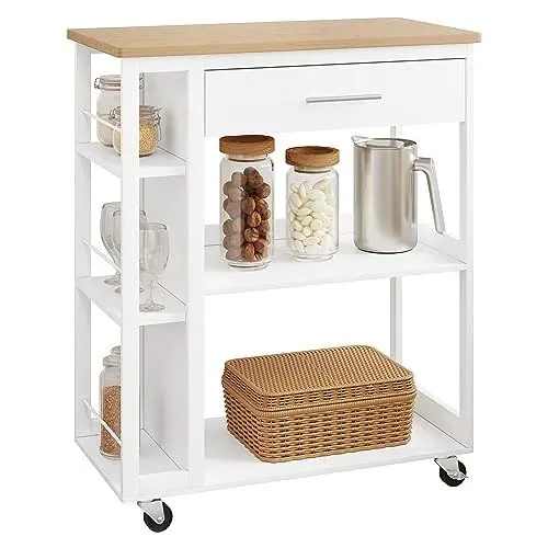 Produktbild: WOLTU Küchenwagen mit Arbeitsplatte, Servierwagen mit Rollen, Rollwagen mit Schublade offenen Ablagen, Küchenrollwagen mit Bremsen, 73x88x38 cm, aus MDF, weiß helle Eiche