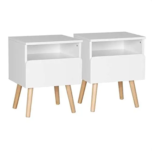 Produktbild: WOLTU® Nachttisch 2er Set Nachtkommode Nachtschrank Beistelltisch Sofatisch, mit Schublade und Offenem Fach, mit Beinen, Holz, Weiß, 40x33,5x50cm(BxTxH), TSR58ws-2