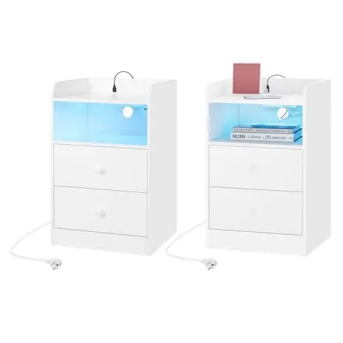 Produktbild: WOLTU Nachttisch 2er Set mit Ladefunktion und LED-Licht, Nachtschrank mit 2 Steckdosen 2 USB, Beistelltisch mit 2 Schubladen offenem Fach, für Schlafzimmer Wohnzimmer, Holz, Weiß, NTS07ws-2