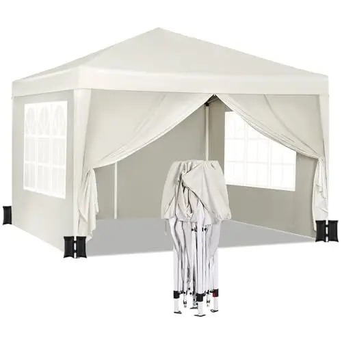 Produktbild: WOLTU Pavillon mit 4 Seitenteilen und 4 Sandsäcke, Faltpavillon 3x3m, Gartenpavillon wasserfest stabil UV-Schutz, Pop Up Partyzelt Outdoor, höhenverstellbar, mit Tragetasche, Beige
