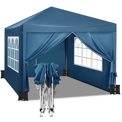Produktbild: WOLTU Pavillon mit 4 Seitenteilen und 4 Sandsäcke, Faltpavillon 3x3m, Gartenpavillon wasserfest stabil UV-Schutz, Pop Up Partyzelt Outdoor, höhenverstellbar, mit Tragetasche, Blau