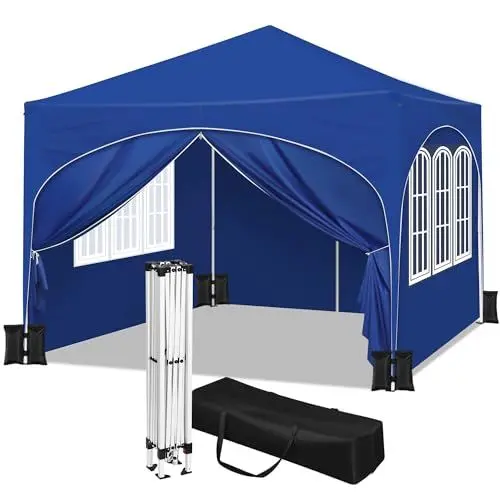 Produktbild: WOLTU Pavillon mit 4 Seitenteilen und 4 Sandsäcke, Faltpavillon mit Halbmonddach, Gartenpavillon wasserfest stabil UV-Schutz, Pop Up Partyzelt Outdoor, höhenverstellbar, mit Tragetasche, Blau