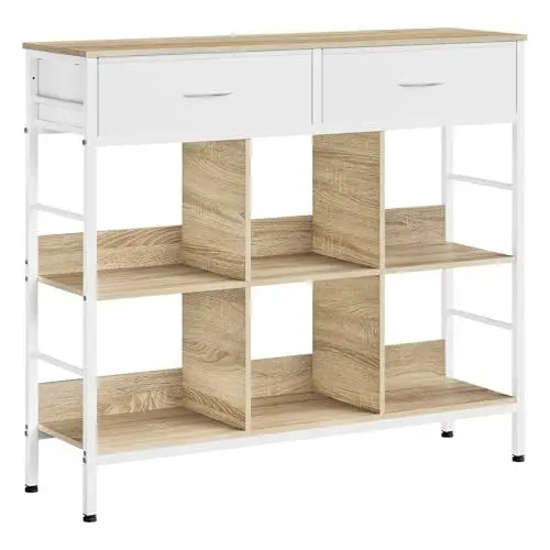 Produktbild: WOLTU Regal, Bücherregal mit 2 Schubladen, 6 offenen Fächern, Standregal mit Metallrahmen, Aufbewahrungsregal freistehend, für Wohnzimmer Arbeitszimmer Schlafzimmer, Rustikales Braun, Schwarz