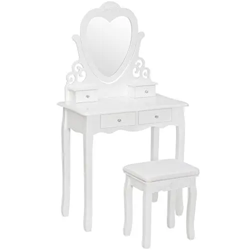 Produktbild: WOLTU Schminktisch Set mit Spiegel und Hocker, Kosmetiktisch mit 4 Schubladen, Kinder Make up Tisch Klein 75 x 40cm, Barocker Stil, au MDF & Kiefernholz, Weiß, MB6025cm