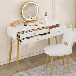 Produktbild: WOLTU Schminktisch mit Beleuchtung und Stuhl, 3 Farben mit Einstellbarer Helligkeit, Schminktisch mit 3 Schubladen aus Massivholz, große Tischplatte 100x40cm, Weiß+Gold, MB6105ws