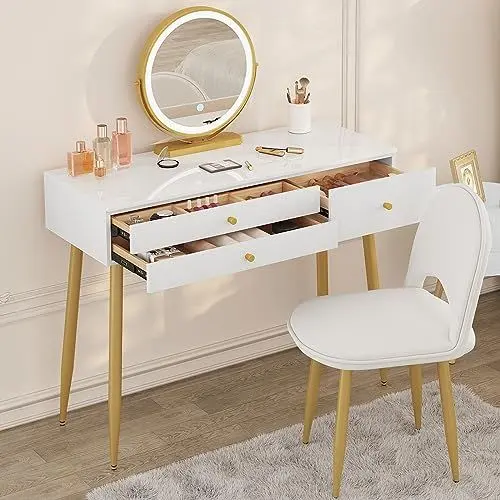 Produktbild: WOLTU Schminktisch mit Beleuchtung und Stuhl, Schminktisch mit 3 Schubladen, große Tischplatte 100x40cm, Verstellbarer Schminkhocker, Weiß+Gold, Massivholz + PVC, MB6105ws