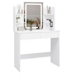 Produktbild: WOLTU Schminktisch mit LED-Beleuchtung, Einstellbarer Helligkeit, 2 USB-Ports, Frisiertisch Kosmetiktisch mit Spiegel, 2 Schubladen, 4 offene Ablagen, Make-up Tisch für Schlafzimmer, Weiß MB6112ws