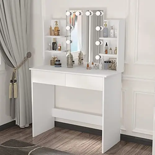 Produktbild: WOLTU Schminktisch mit LED-Beleuchtung Hollywood, Einstellbarer Helligkeit, Kosmetiktisch mit Spiegel, Make-up Tisch mit 2 Schubladen und 4 offene Ablagen, für Schlafzimmer, Holz, Weiß MB6096ws