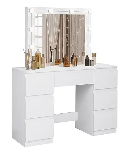 Produktbild: WOLTU Schminktisch mit LED-Beleuchtung, einstellbare Helligkeit, Kosmetiktisch mit großem Spiegel, Frisiertisch mit 7 Schubladen, 110x140,5x39,5 cm, Kommode Schlafzimmer Weiß, MB6099ws