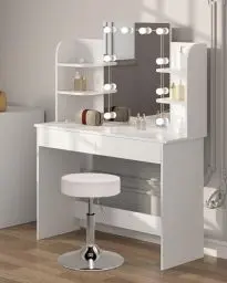 Produktbild: WOLTU Schminktisch mit LED-Beleuchtung und Hocker, Frisiertisch mit 2 Schubladen, 4 Ablagen, 108x40x142cm, höhenverstellbarer Stuhl, Kosmetiktisch aus Holz, Weiß, MB6106ws