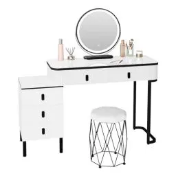 Produktbild: WOLTU Schminktisch mit LED Beleuchtung, Mobiler Spiegel, Hocker aus Samt, Kosmetiktisch modern mit 2 Schubladen 1 Seitenschrank, Flexible Montage, 100x125x40 cm, aus Holz Metall, Weiß + Schwarz