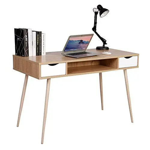Produktbild: WOLTU Schreibtisch mit 2 Schubladen, Computertisch 120x58cm, Bürotisch mit 1 offenen Fach, Arbeitstisch, PC Laptop Tisch, Wohnzimmer, Gestell aus Stahl, Holz, Eiche