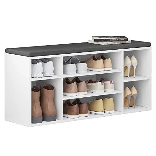 Produktbild: WOLTU Schuhbank weiß, Schuhregal mit Sitzbank 7 Fächern, Garderobenbank für Schuhaufbewahrung, für Eingangsbereich Flur, aus Holzwerkstoff, 103,5x48x30 cm