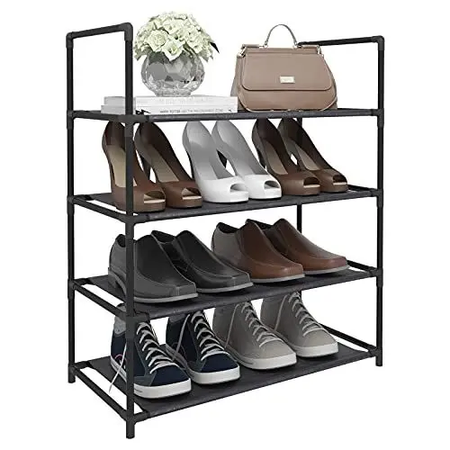 Produktbild: WOLTU Schuhregal mit 4 Ablagen Schuhablage Schwarz Schuhständer Steckregal, Stoffregal Schuhschrank für 12 Paar Schuhe, Flur, Schlafzimmer 60x28x71 cm