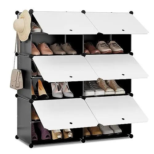 Produktbild: WOLTU Schuhregal mit 6 Fächern, Schuhaufbewahrung für 24 Paar Schuhe, Schuhschrank für Flur Wohnzimmer Schlafzimmer, Schuhorganizer mit Türen, aus modularen PP-Platten, Weiß Schwarz