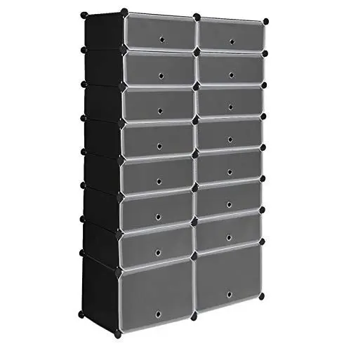 Produktbild: WOLTU Schuhregal, Schuhschrank mit 16 Fächern, für 32 Paar Schuhe, Schuhorganizer, Steckregal, DIY Regal mit Türen, aus PP-Kunststoffplatten, mit Kunststoffhammer, Schwarz + Weiß