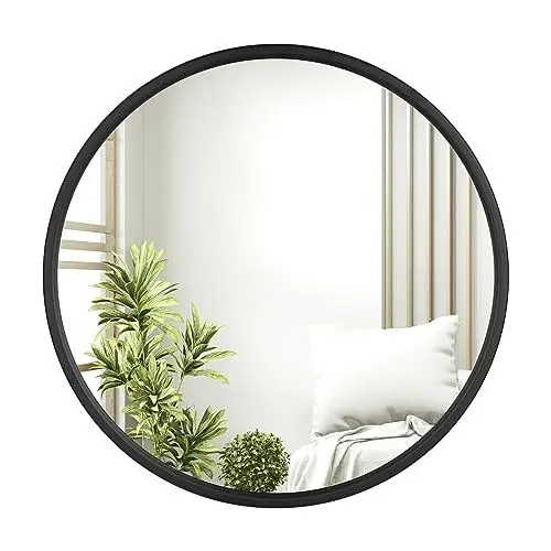 Produktbild: WOLTU Spiegel rund mit schwarzer Rahmen, runder Wandspiegel φ 60 cm, moderner Hängespiegel für Badezimmer Schlafzimmer Wohnzimmer Flur, dekorativer Schminkspiegel aus Glas Metall MDF