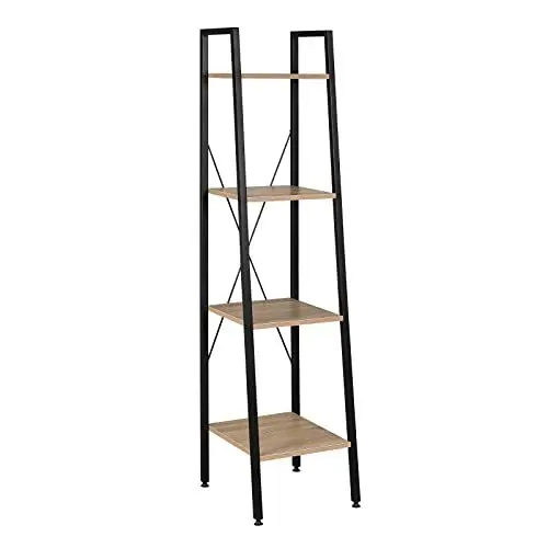 Produktbild: WOLTU Standregal Badregal Bücherregal Küchenregal Schuhregal aus Holz und Stahl, mit 4 Ablagen, ca. 34 x 35 x 148 cm, Schwarz + Hell Eiche RGB9284hei