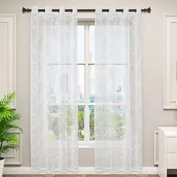 Produktbild: WOLTU VH6054ws-2, 2er Set Gardinen transparent Blumen Stickerei mit Ösen Leinen Optik, Doppelpack Ösenschal Vorhang Voile Fensterschal Dekoschal für Wohnzimmer Schlafzimmer, 140x245 cm, Weiß