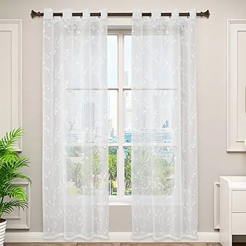 Produktbild: WOLTU VH6054ws-2, 2er Set Gardinen transparent Blumen Stickerei mit Ösen Leinen Optik, Doppelpack Ösenschal Vorhang Voile Fensterschal Dekoschal für Wohnzimmer Schlafzimmer, 140x245 cm, Weiß