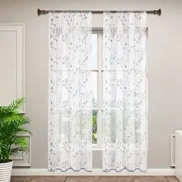 Produktbild: WOLTU VH6055gr-2, 2er Set Gardinen transparent Blumen Stickerei mit Kräuselband Leinen Optik, Doppelpack Vorhang Stores Voile Fensterschal Dekoschal für Wohnzimmer Schlafzimmer, 140x175 cm, Grau