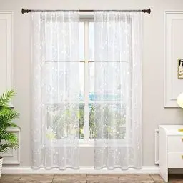 Produktbild: WOLTU VH6057ws-2, 2er Set Gardinen transparent Blumen Stickerei mit Kräuselband Leinen Optik, Doppelpack Vorhang Stores Voile Fensterschal Dekoschal für Wohnzimmer Schlafzimmer, 140x245 cm, Weiß