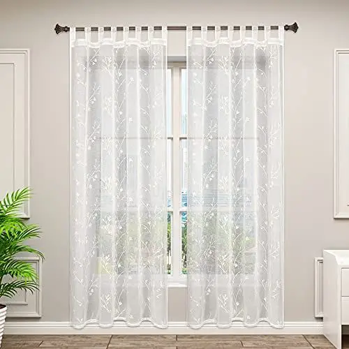 Produktbild: WOLTU VH6060be-2, 2er Set Gardinen transparent Blumen Stickerei mit Schlaufen Leinen Optik, Doppelpack Vorhang Stores Voile Fensterschal Dekoschal für Wohnzimmer Schlafzimmer, 140x245 cm, Beige