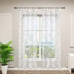 Produktbild: WOLTU VH6060gr-2, 2er Set Gardinen transparent Blumen Stickerei mit Schlaufen Leinen Optik, Doppelpack Vorhang Stores Voile Fensterschal Dekoschal für Wohnzimmer Schlafzimmer, 140x245 cm, Grau