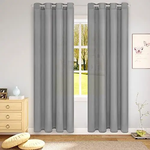 Produktbild: WOLTU Voile Vorhang Halbtransparent Vorhänge mit Ösen Gardine Seidengewerbe mit Flaum Ösenvorhang Gardineschal Luftig Lichtdurchlässig Dekoschal Gardinen Wohnzimmer, 135x245 cm Dunkelgrau, 2er Set