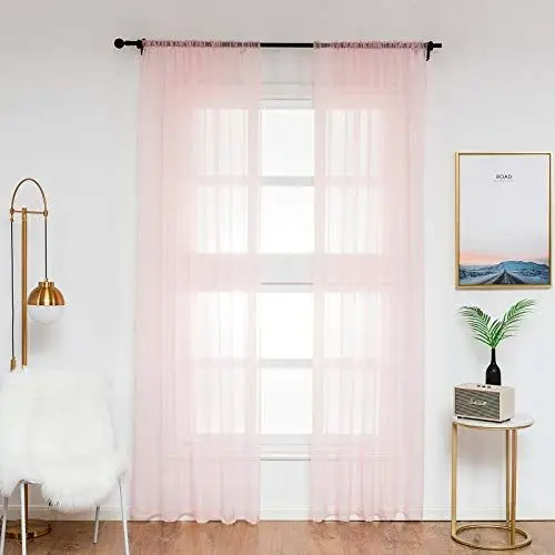 Produktbild: WOLTU Vorhänge mit Kräuselband Stores Gardinen Rosa kurz transparent 140x245cm (BxH), 2er Set Gardinen Fensterschals Voile für Wohnzimmer Schlafzimmer Kinderzimmer