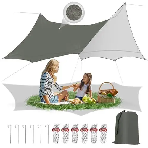 Produktbild: WOLTU Zeltplane Wasserfest 4,4x4,4m Sonnenschutz SPF50+, Outdoor Tarp Ultraleicht Schutzplane, Zeltunterlage mit Ösen, Camping Plane Regenschutz, mit Seilen Erdnägeln, für Wandern Picknick Hängematte