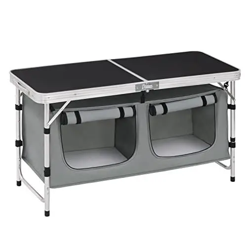 Produktbild: WOLTU faltbar Campingschrank Alu Campingtisch Höhenverstellbar mit Stauraum, Outdoor Campingmöbel Klapptisch Gartentisch für Picknick Strand im Freien, Schwarz+Grau