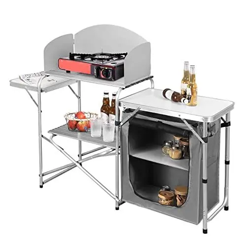 Produktbild: WOLTU faltbar Campingschrank Campingküche inkl.Tragetasche mit Aluminiumgestell Reiseküche tragbar/klappbar Outdoor Campingmöbel aus Alu und MDF für Picknick Strand im Freien, Weiß+Grau