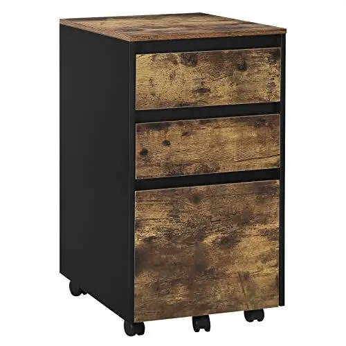 Produktbild: WOLTU mobiler Aktenschrank, Schrank für Aktenordner, Aufbewahrungsschrank im Büro, Büroschrank mit Rollen, Rollcontainer mit 3 Schubladen, Dunkle Eiche Schwarz, 40x70x40 cm, ASK01hov