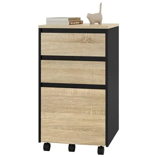 Produktbild: WOLTU mobiler Aktenschrank, Schrank für Aktenordner, Aufbewahrungsschrank im Büro, Büroschrank mit Rollen, Rollcontainer mit 3 Schubladen, helle Eiche schwarz, 40x70x40cm, ASK01hei